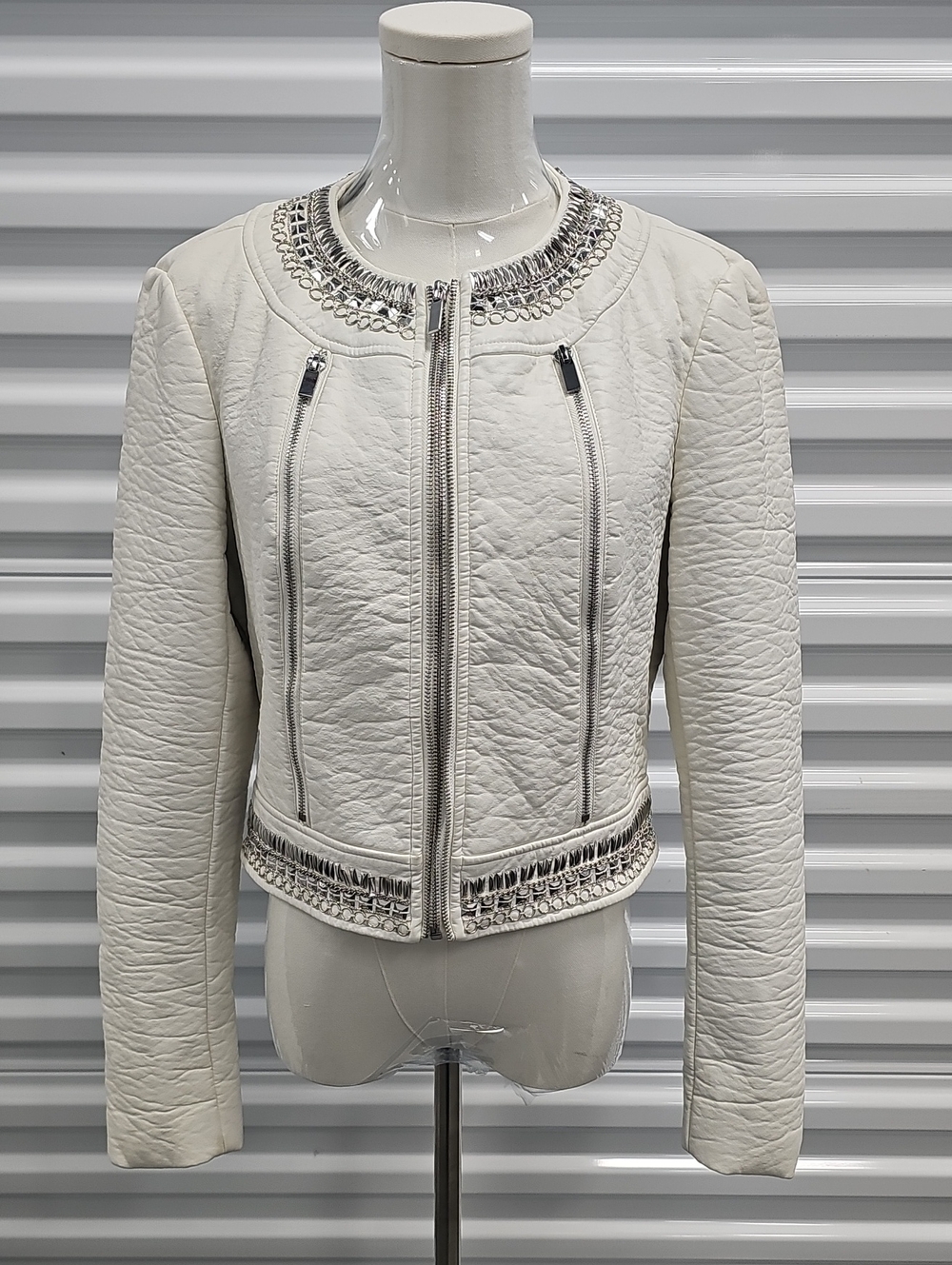 bebe White Embellished Leather Zip Jacket